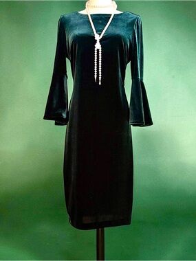 Calvin Klein Emerald Velvet Midi Dress with Bell Sleeves,Pearls not included.